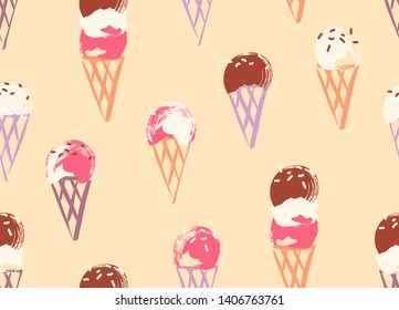 Seamless ice cream cone pattern with hand drawn illustrations in playful colors.