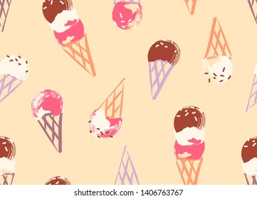 Seamless ice cream cone pattern with hand drawn illustrations in playful colors.
