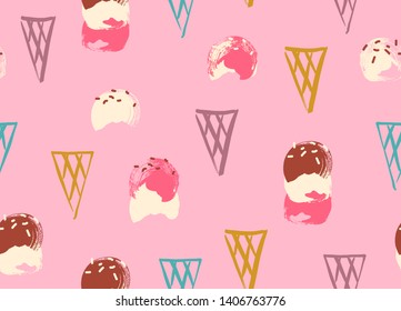 Seamless ice cream cone pattern with hand drawn illustrations in playful colors.