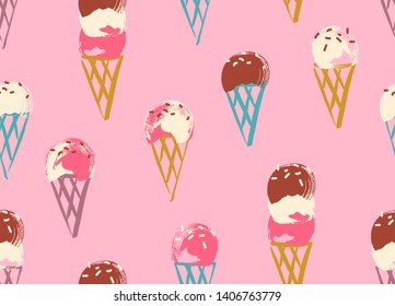 Seamless ice cream cone pattern with hand drawn illustrations in playful colors.