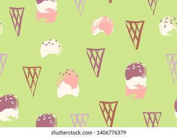 Seamless ice cream cone pattern with handdrawn illustrations in playful colors.