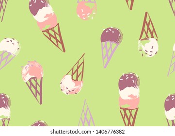 Seamless ice cream cone pattern with handdrawn illustrations in playful colors.