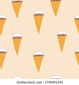 Seamless ice cream cone pattern, hand-drawn summer background, ice-cream vector