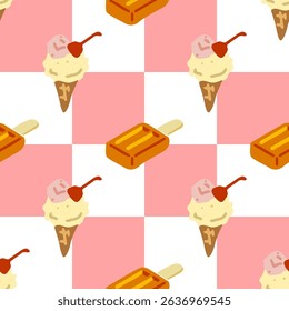 Seamless Ice Cream Cone Pattern. Cartoon cones and frozen treats with cherries arranged on a pink and white checkered background in playful summer flat style.