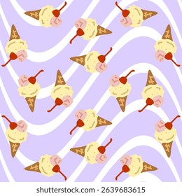 Seamless Ice Cream Cone Pattern. Seamless pattern with cartoon ice cream cones, cherries and wavy lilac background. Flat sweet dessert design with summer vibes and pastel color palette.