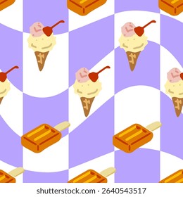 Seamless Ice Cream Cone Pattern Design. Seamless cartoon pattern with ice cream cones and orange ice bars on a wavy lilac and white background. Flat summer dessert design.