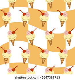 Seamless Ice Cream Cone Pattern. Seamless pattern with cartoon ice cream cones topped with cherry on wavy orange background. Flat cartoon style, bright summer design.