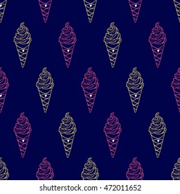 Seamless ice cream cone pattern on dark blue background, hand-drawn color summer food vector, for cards, invitations, food design, EPS 8