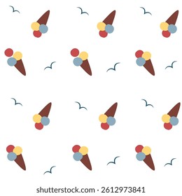 Seamless Ice Cream Cone Summer Pattern – Cute Minimal Vector with Colorful Scoops and Birds on White Background