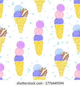 Seamless Ice Cream Cones Pattern, Kawaii Ice Cream Illustration, Vector EPS 10.