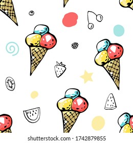 Patrón de doodle de helados sin foco. Ilustración de caricaturas aislada y dibujada a mano. Para diseño digital, banners, postales, impresiones, decoración. Textura de la comida, fondo de postre. Dibujo de dulces de verano. Fondo de escritorio