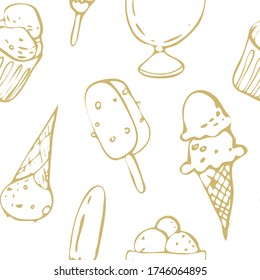 Patrón de doodle de helados sin foco. Arte de línea marrón crema aislado y dibujado a mano sobre fondo blanco. Para diseño digital, impresiones, banner, postales, decoración. Textura de postre. Dibujo de dulces de verano. 