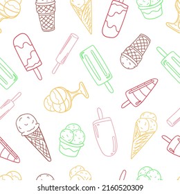 Seamless ice cream doodle pattern. Ice cream in a waffle cone and on a stick, fruit ice. Vector image in flat style