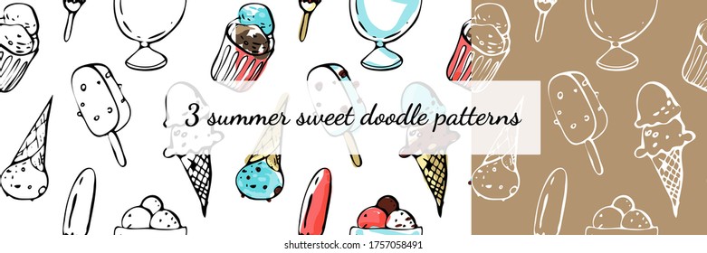 Seamless ice cream doodle patterns set. Isolated and hand drawn cartoon illustration. For digital design, banners, postcards, prints, decor. Food texture, summer dessert backdrop. Line art wallpaper.