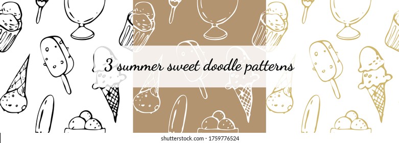 Seamless ice cream outline doodle pattern set. Isolated and hand drawn cartoon illustration. For digital design, banners, postcards, prints, decor. Food texture, summer dessert backdrop. Wallpaper