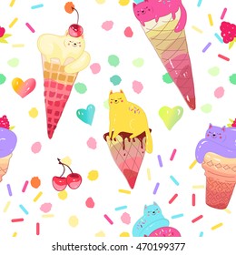 Seamless ice cream pattern with cats. Vector background with cartoon cats