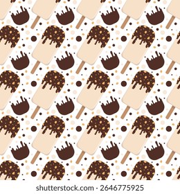 Seamless ice cream pattern with chocolate drip. Frozen dessert icecream treat snack background