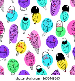 Seamless ice cream pattern with colorful blots. Hand-drawn cone, sundae, eskimo pie background. Ice-cream vector illustration. Summer dessert and snack design. EPS 8
