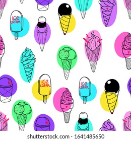 Seamless ice cream pattern with colorful blots. Hand-drawn cone, sundae, eskimo pie background. Ice-cream vector illustration. Summer dessert and snack design. EPS 8