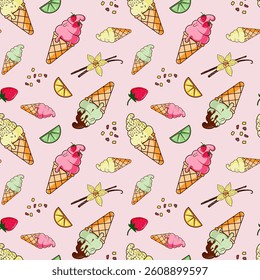 Seamless ice cream pattern with colorful cones, toppings, fruits and vanilla on a soft , pastel background. Perfect for packaging, fabric, wrapping paper and summer design projects.