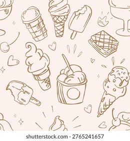 Seamless ice cream pattern with cones popsicles sundae and sweet desserts minimal cute doodle style for packaging wrapping paper fabric textile wallpaper web stationery prints and summer design.Vecto