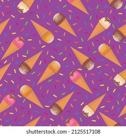 Patrón de helados sin foco en una taza de gofre crujiente sobre un fondo morado.