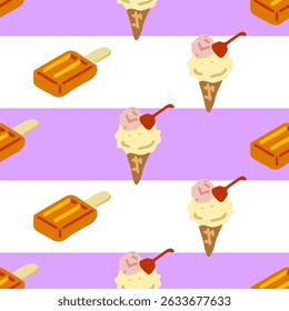 Seamless Ice Cream Pattern Design. Ice cream cones with cherry and popsicles in seamless repeat. Flat cartoon style on striped lilac and white background.

