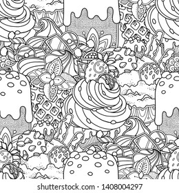 Seamless ice cream pattern in doodle style. Floral, ornate, decorative vector design elements. Black and white monochrome background. Desserts, sweets. Zentangle coloring book page