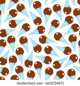 Seamless ice cream pattern. Hand-drawn chocolate glazed cones on white background. Ice-cream vector illustration. Summer dessert and snack design. EPS 8