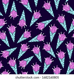 Seamless ice cream pattern. Hand-drawn pink cream cones on navy blue background. Ice-cream with cinnamon vector illustration. Summer dessert and snack design. EPS 8