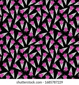Seamless ice cream pattern. Hand-drawn pink cream cones on black background. Ice-cream with cinnamon vector illustration. Summer dessert and snack design. EPS 8