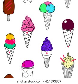 Seamless ice cream pattern, hand-drawn colorful background, ice-cream vector, EPS 8