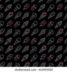 Seamless ice cream pattern, hand-drawn monochrome background with pink accent, ice-cream vector, EPS 8