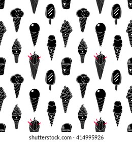 Seamless ice cream pattern, hand-drawn monochrome background with red accent, ice-cream vector, EPS 8