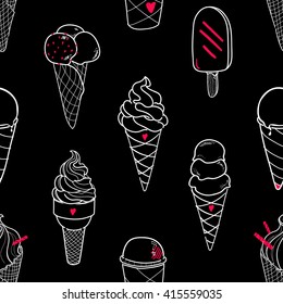 Seamless ice cream pattern, hand-drawn black and white background with red accent, ice-cream vector, can be used for design fabric, wrapping paper, food design, EPS 8
