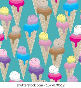 Seamless ice cream pattern illustration in various flavors on green background