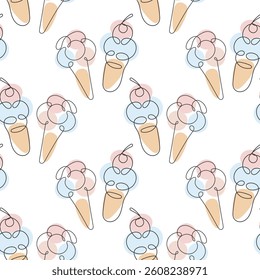 Seamless ice cream pattern, line art in pastel colors. Sweet dessert background.