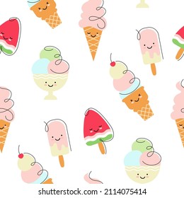 seamless ice cream pattern in naive minimalism style isolated on a white background. funny
cartoon-style ice creams for decorating children's products. ice cream background for kids. stock vector EPS