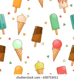 Seamless ice cream pattern on a white background. Cartoon style. Trendy colors. Repetitive background. Vector illustration. 