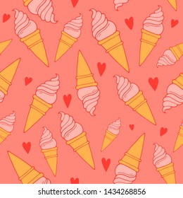 Seamless ice cream pattern in pink yellow red colors.