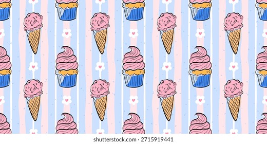 Patrón de helado sin fisuras con cucharadas rosadas, cupcakes y conos de waffle sobre fondo de rayas suaves, diseño de postre juguetón para empaques, textiles, productos para niños y papelería.