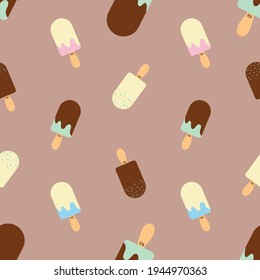 Seamless ice cream pattern. Vector illustration with colorfur ice cream.  Sundae on a brown background.