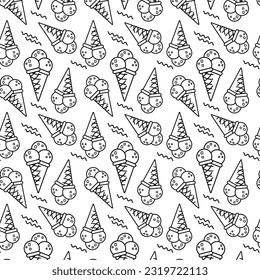 Seamless ice cream pattern. Ice cream in waffle cone.  Sweet summer dessert. Simple ice cream icon. Print for banners, design, decoration of street fast food cafe, street food. Vector illustration