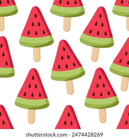 Seamless ice cream pattern watermelon fruit ice on a stick is perfect for a festive and fun decoration