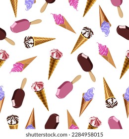 Seamless ice cream pattern:popsicle, chocolate in waffle cups, fruit and berry on a white background.Vector pattern for summer designs,textiles, backgrounds.