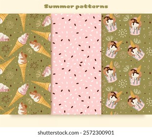 Seamless Ice Cream Patterns in pastel colors. Aesthetic summer desserts. Vector illustration.