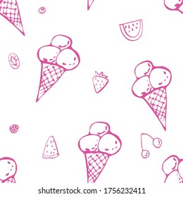 Seamless ice cream pink outline doodle pattern. Isolated and hand drawn cartoon illustration. For digital design, banner, postcards, prints, decor. Food texture, summer dessert backdrop. Balls in cone