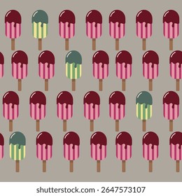 Seamless ice cream popsicle pattern in retro tones on neutral background. Great for summer-themed product packaging, fabrics, phone cases, or playful branding.
