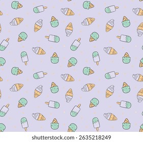 Sorvete sem costura e Popsicle Vetor Padrão - Kawaii Verão Sobremesa Design