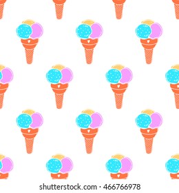 Seamless ice cream scoop pattern, hand-drawn colorful summer food vector, doodle ice-cream background, for cards, invitations, food design, EPS 8